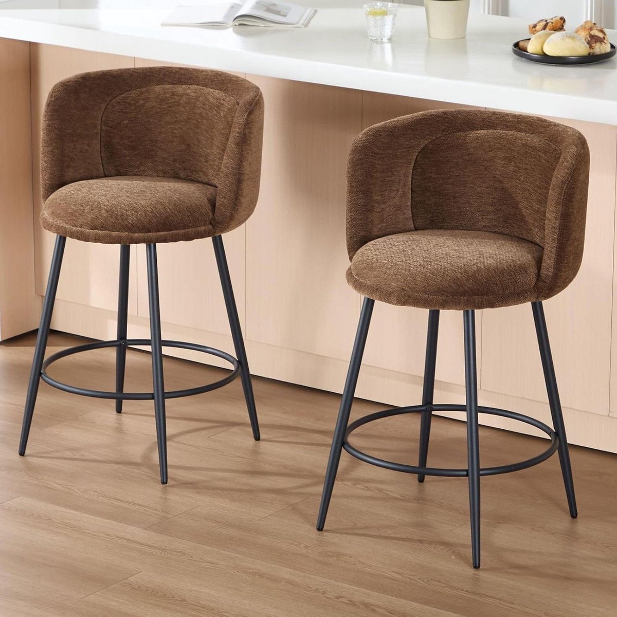 Barkrukken Set - Keukenstoelen Bar - Ontbijt Zitten - Gebogen Rugleuning - 2 stuks - Bruin