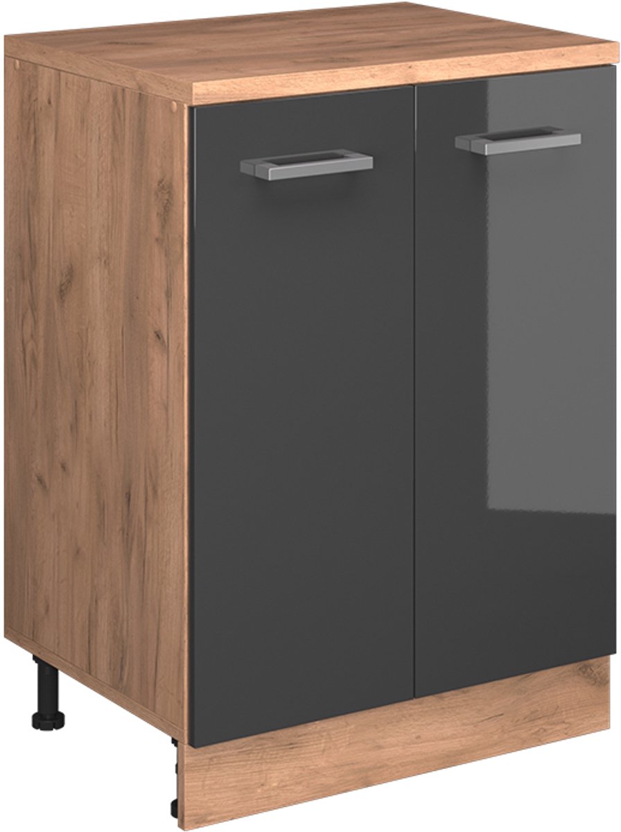 Vicco Keukenkast voor schuine wand R-Line, Antraciet Hoogglans, 60 cm zonder schuine kant met 2 deuren Antraciet Hoogglans/Goudkleurig Eiken