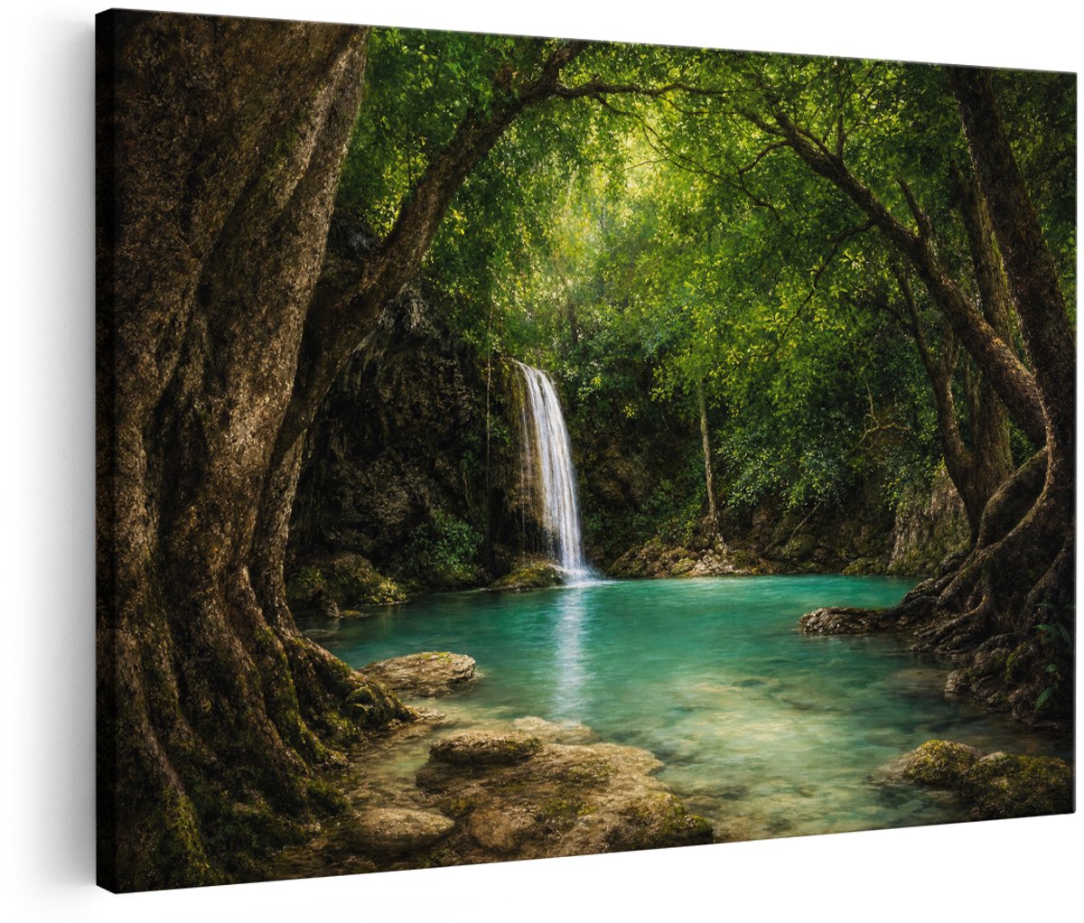 Artaza Canvas Schilderij Jungle Waterval - Tropisch Bos en Turquoise Water - 120x80 cm - G