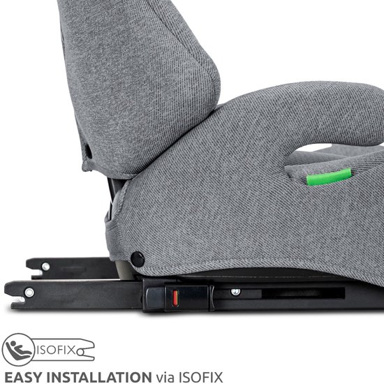 Grijze autostoel met gemakkelijke ISOFIX installatie.