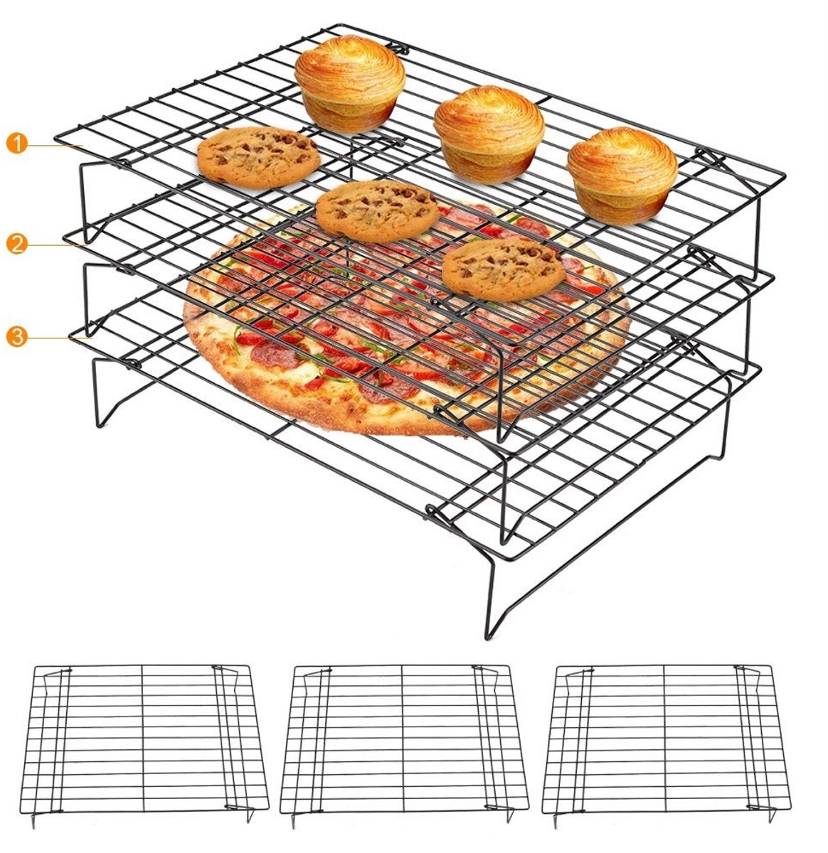 Shopcentral - Koeling Rack - 3 Tier Koeling Rack - Roestvrij Staal - Antistick Oven Bakken Draadlade - Geschikt voor Koekjes en Taarten - 34 x 24,5 x 1...