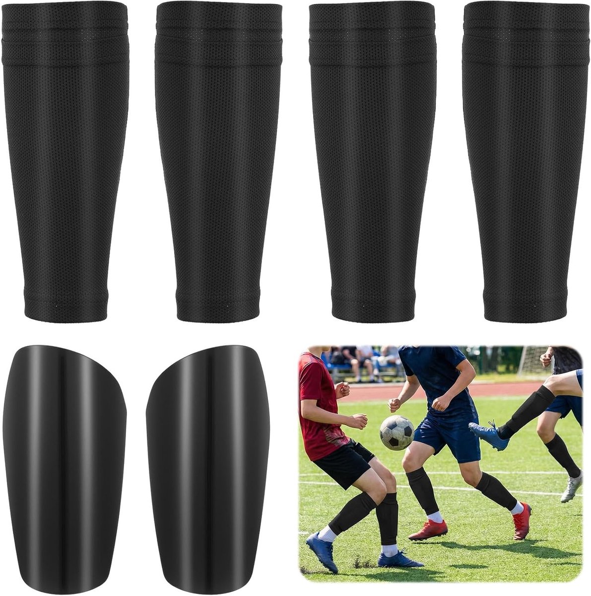 Set van 2 paar antislip scheenbeschermers voor voetbal, comfortabele pads en mouwen, maat M, ideaal voor beginners en volwassenen met handige opbergtas