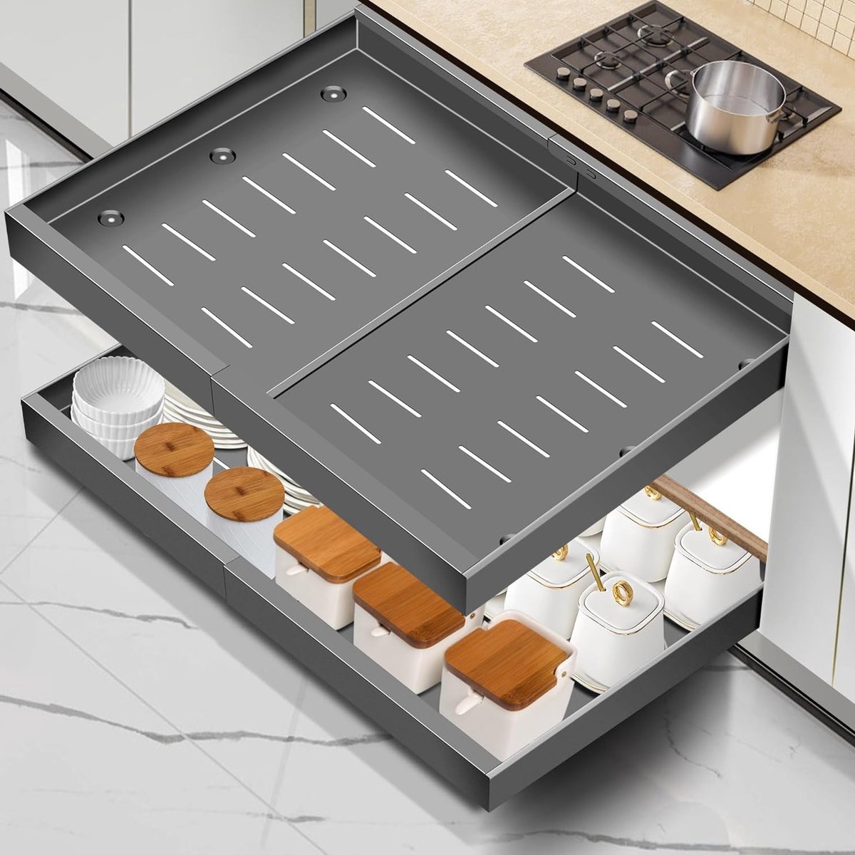 Uitbreidbare keukenkast organizer met telescopische lades en opbergruimte voor badkamer en keuken (Titanium Grijs, 2 Stuks), Breedte 31-52cm, Diepte 42cm, ideaal voor ruimtebesparing en efficiëntie