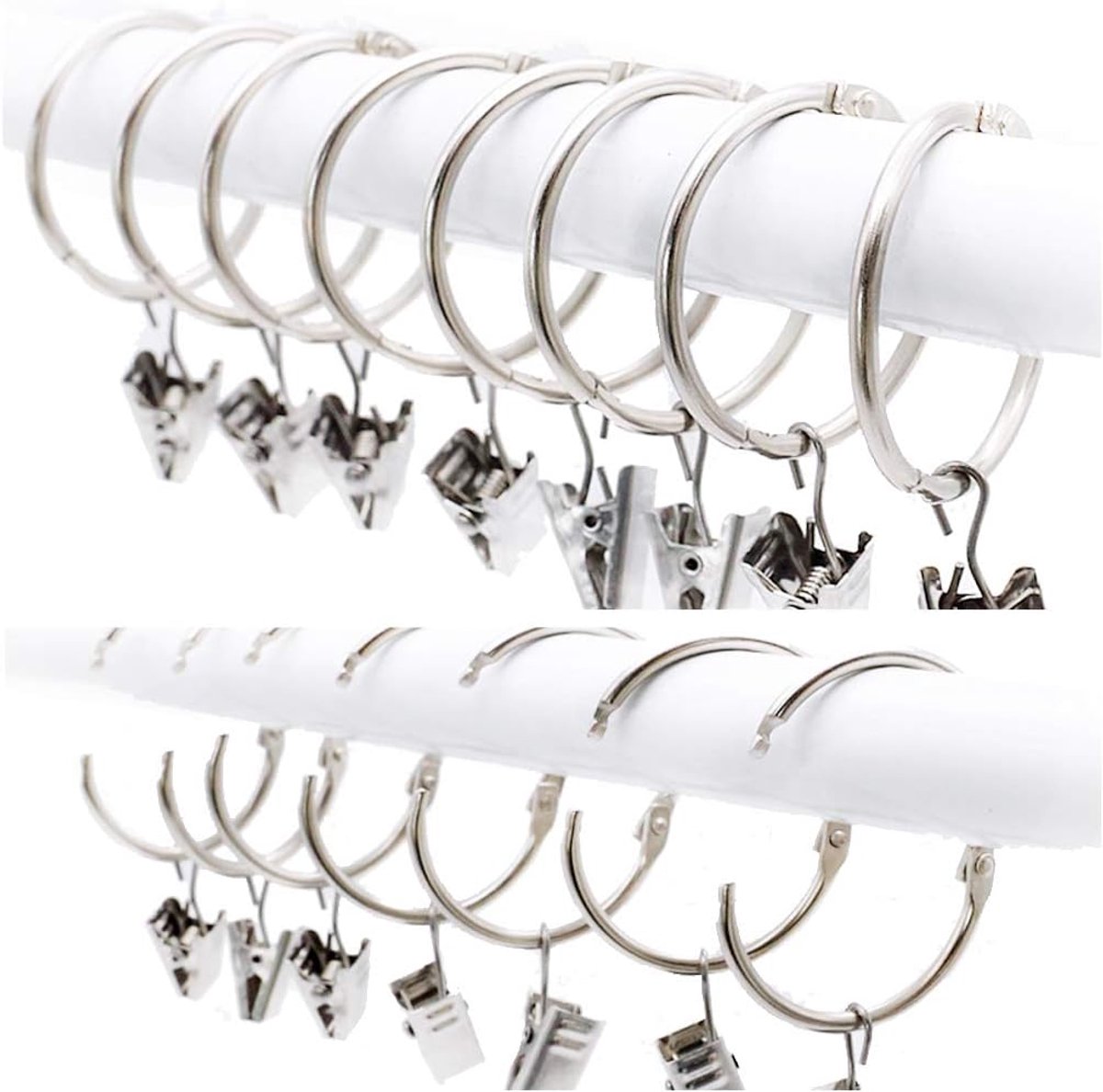 25 stuks gordijnringen met clips, decoratieve metalen raamgordijnclips met stevige clip, roestvrij, gemakkelijk te openen en te sluiten, 38 mm binnendiameter, zilverkleurig