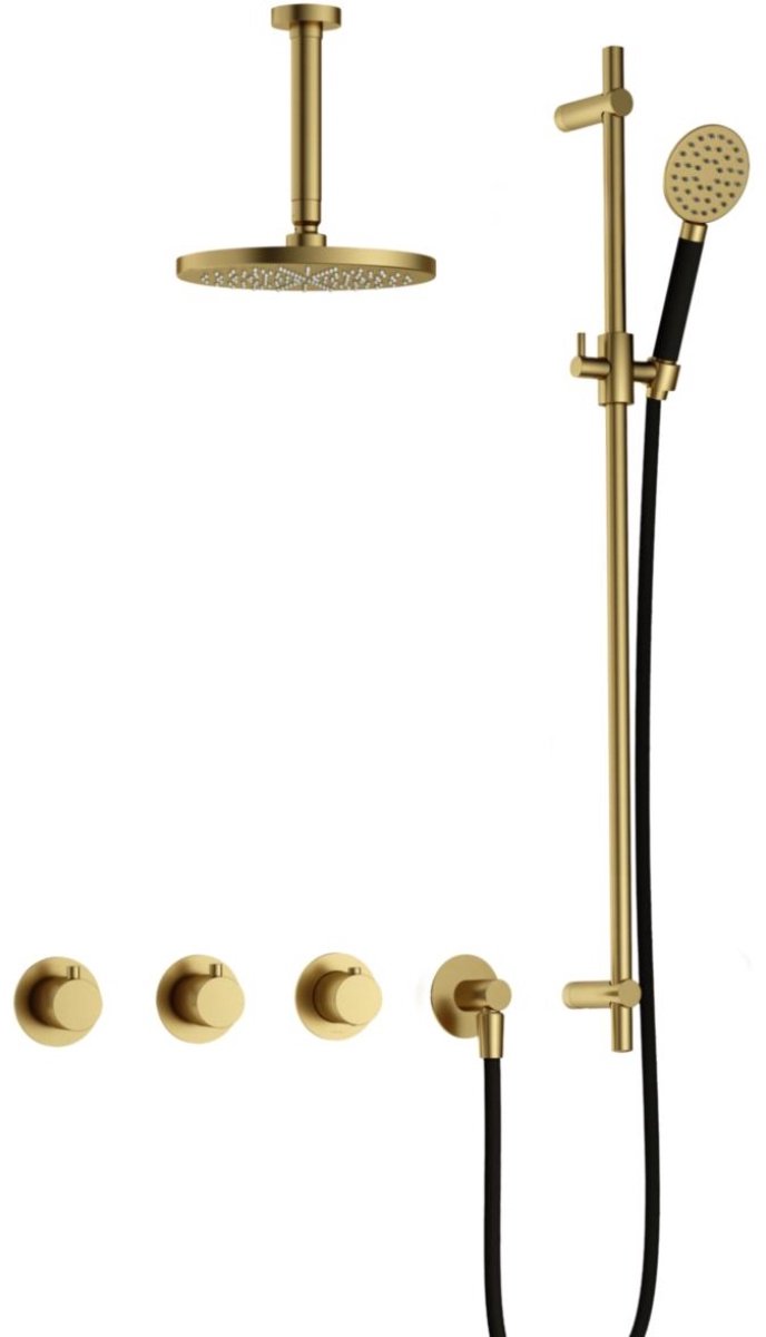 Hotbath Cobber - CB7067 - Inbouw Regendoucheset - Geborsteld Messing PVD - 2 Stopkranen - Thermostatisch - Plafondbuis 15 cm - Hoofddouche 200 mm - Ronde Handdouche 3 Standen - Glijstang 900 mm - Waterbesparend
