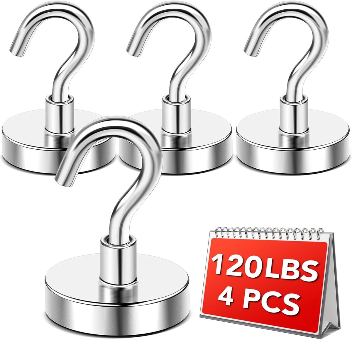 Magnetische haken, draagvermogen 120 lbs, model 2026, onmisbare magnetische haken voor hutten op cruiseschepen, geschikt voor koelkasten, klaslokalen, stranden, keukens, barbecues, enz., 4-pack, zilver.
