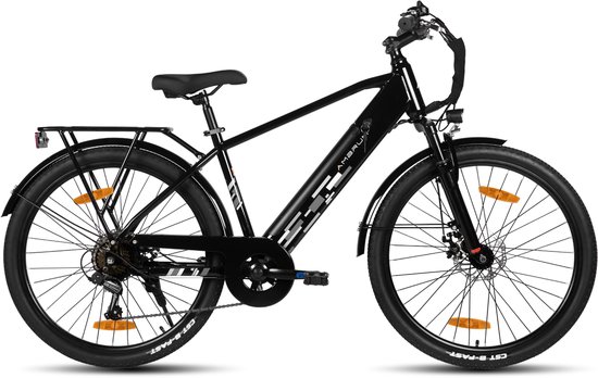 Zwarte elektrische fiets met voor- en achterdrager, spatborden en reflectoren.