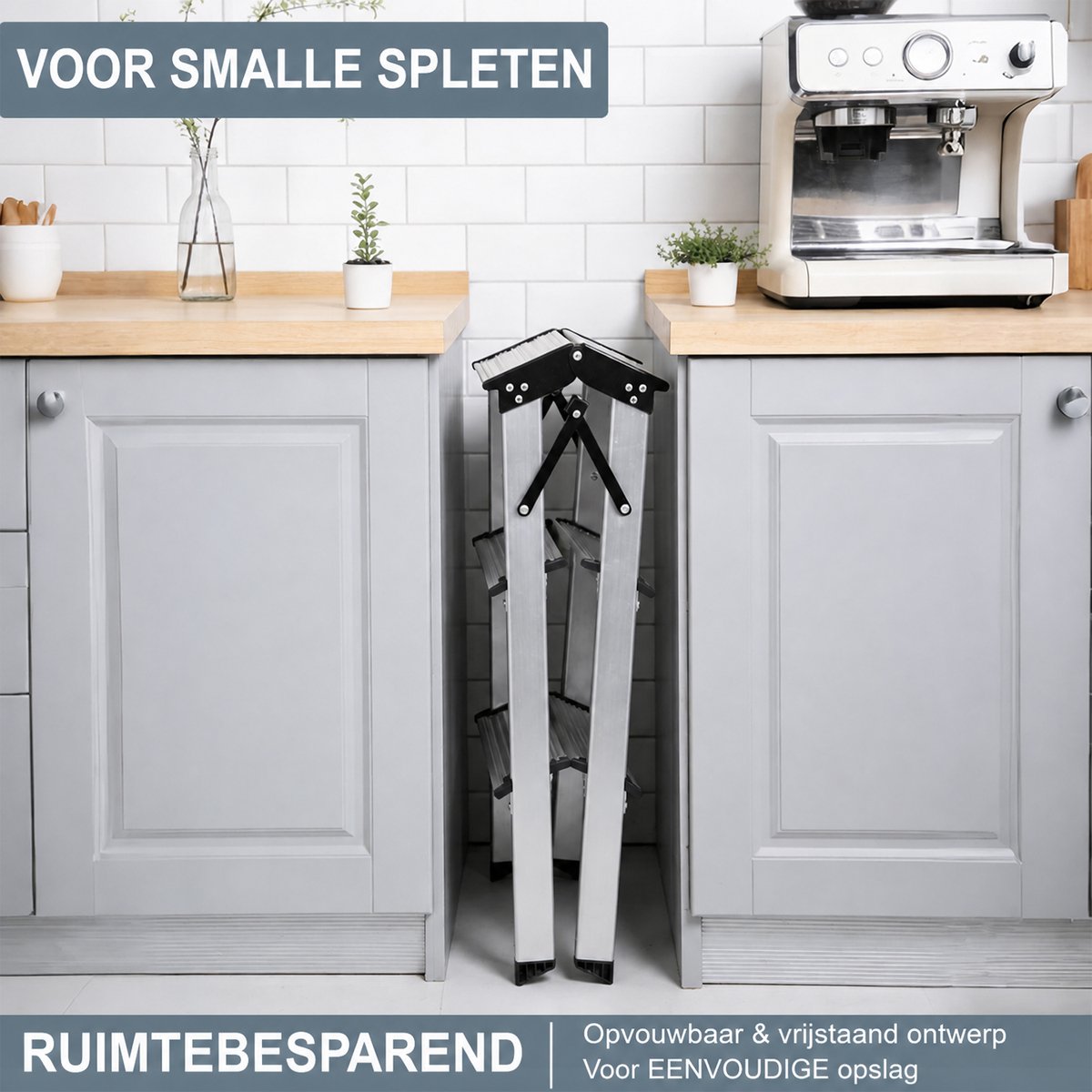 Aluminium Trapladder 3 Treden Dubbelzijdig Opvouwbaar – Huishoudtrap Breed 36,5 cm – Lichtgewicht Keukentrap – foto 3