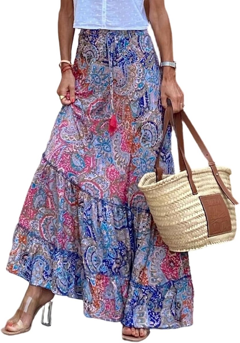 Zomerse maxi rok voor dames, boho A-lijn, hoge taille, elastisch, gedrukt, strandrok, casual en trendy stijl