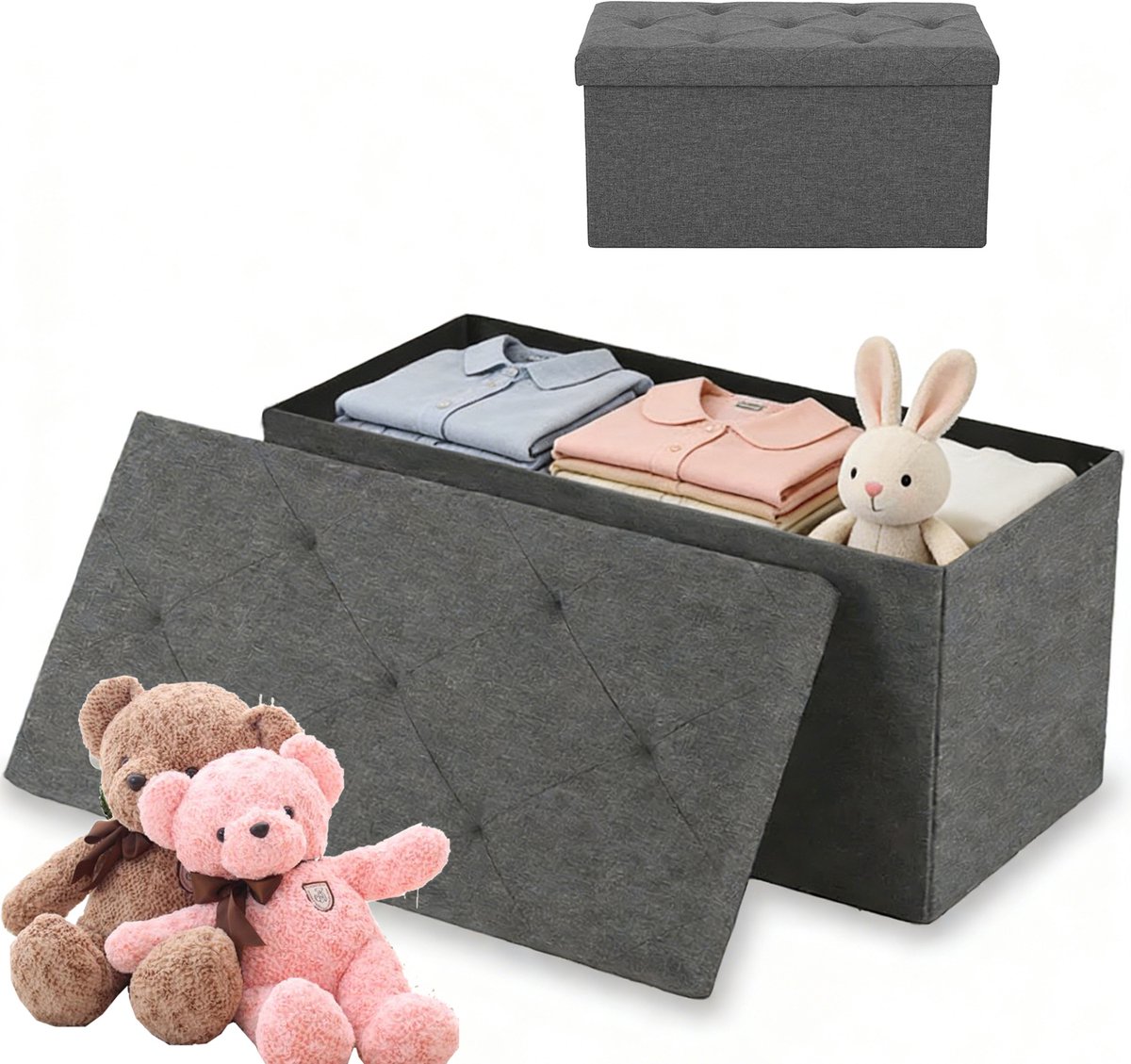 Opvouwbare Opbergbank 76×38×38 cm Grijs – Opbergkist 88L Zitbank – Belastbaar 300 kg – Opbergbank Met Zitfunctie