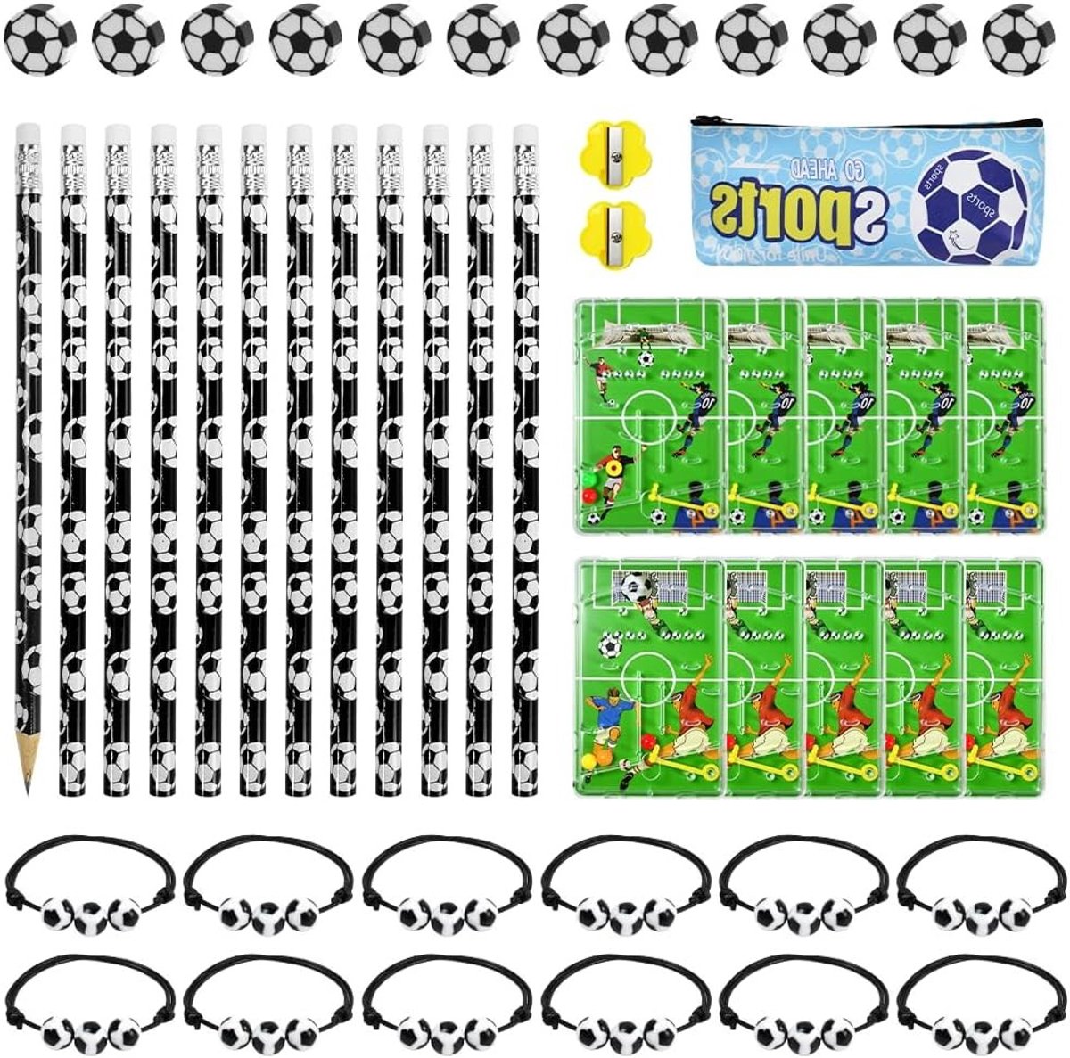 48 Stuks Voetbal Pennen en Gummetjes Set voor Kinderen - Perfecte Verjaardagscadeaus en Schoolbenodigdheden voor Jongens en Meisjes