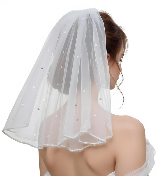Dailygoody - Korte Bruidssluier - Elegante Tule - Wit - Strass-steentjes - Perfect voor Bruiloft en Vrijgezellenfeest - Korte Sluier met Kam
