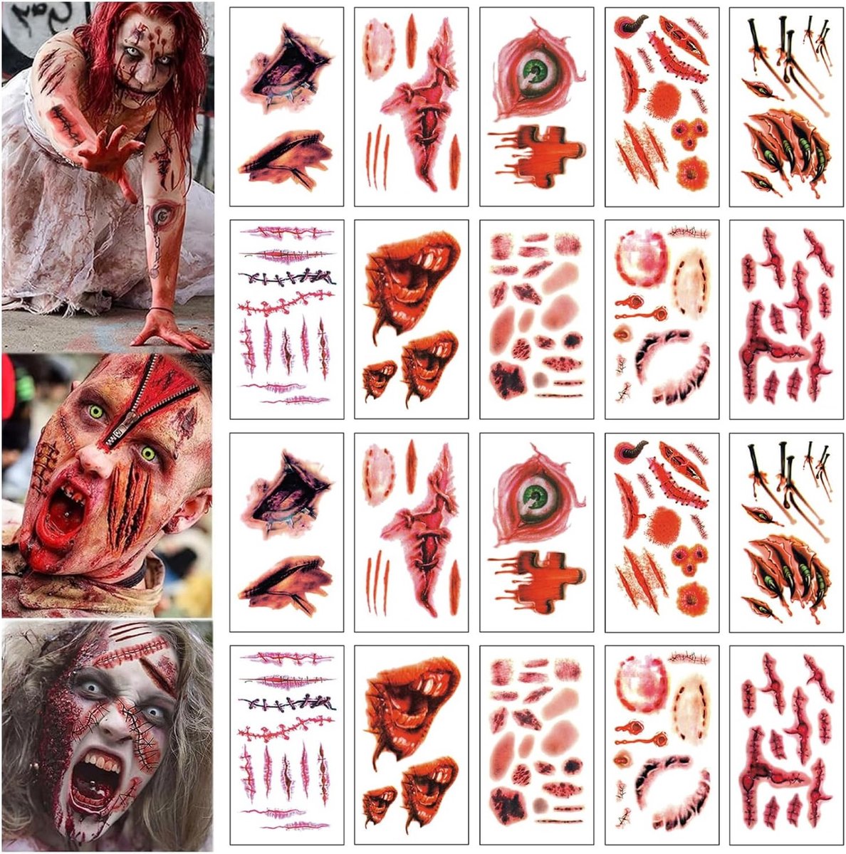 20 Bladen Halloween Tattoos - Realistische Wonden, Littekens en Make-up Accessoires voor Kinderen en Volwassenen, Perfect voor Feesten en Carnavals