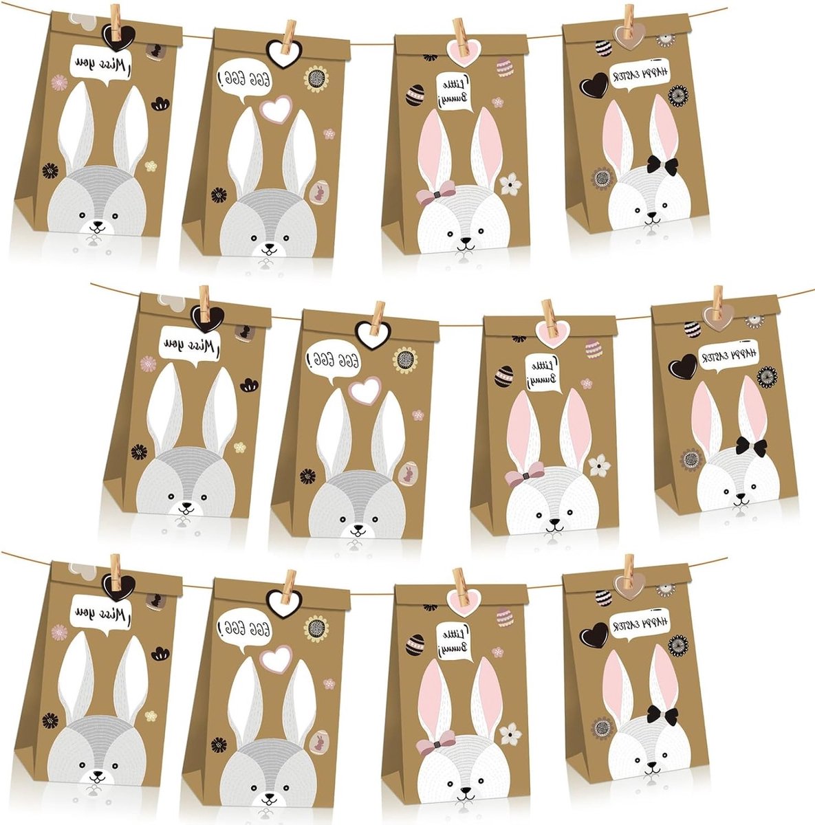 DIY Paaspapieren Tassen - 12 Stuks voor Creatieve Cadeaus met Houten Klemmen, Stickers en Touw, Perfect voor Kinderen en Feestdagen