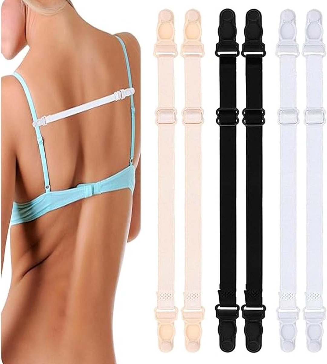 Set van 6 Verstelbare Bh-Haakjes - Elastische en Antislip Bh-Haakjes voor Vrouwen, Geschikt voor Alle Cupmaten (Zwart, Wit, Beige)