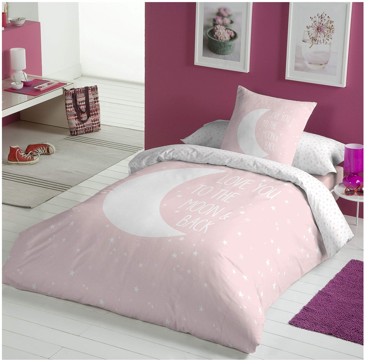 Dailygoody - ARTean Maan Roze - Duurzaam Beddengoed - Milieuvriendelijk Design - 90 Bed - Biologisch Katoen - Voor een Gezonde Slaap