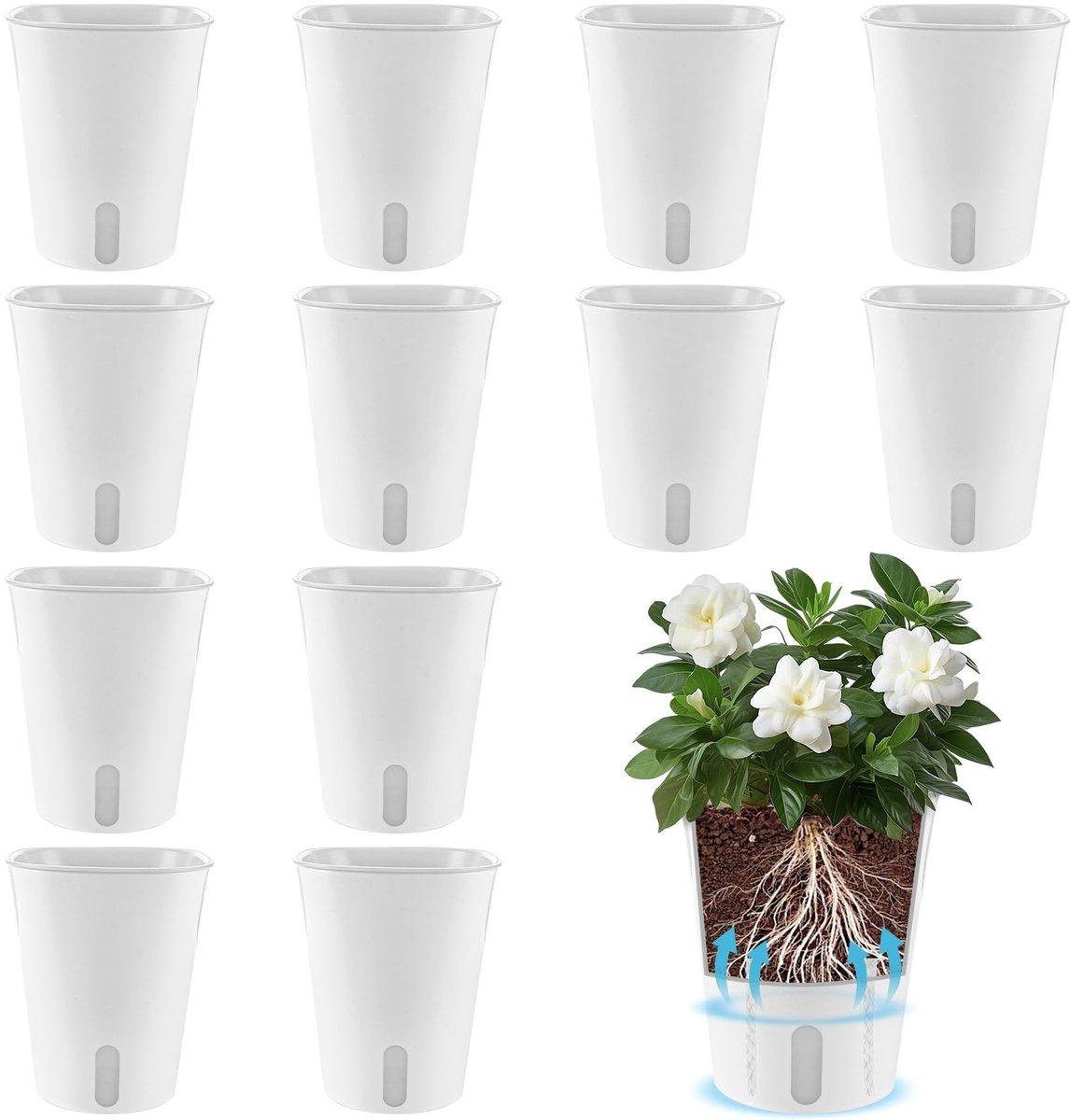 Jhubersproducts - Zelfwaterende Bloempotten - 12 stuks - Met waterniveau-indicator - 12,5 cm - Perfect voor kruiden - Ideaal voor binnen en balkon