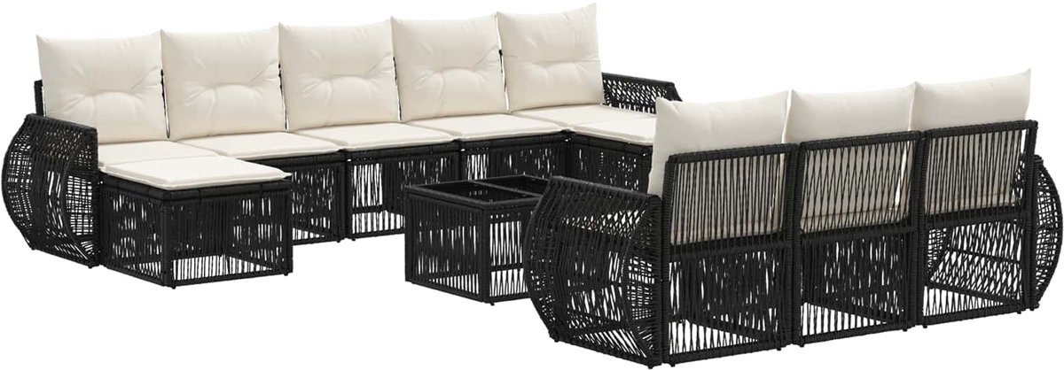 vidaXL - Tuinbank - Set - 11 - pcs - Zwart - en - Crème - Wit - poly - rattan