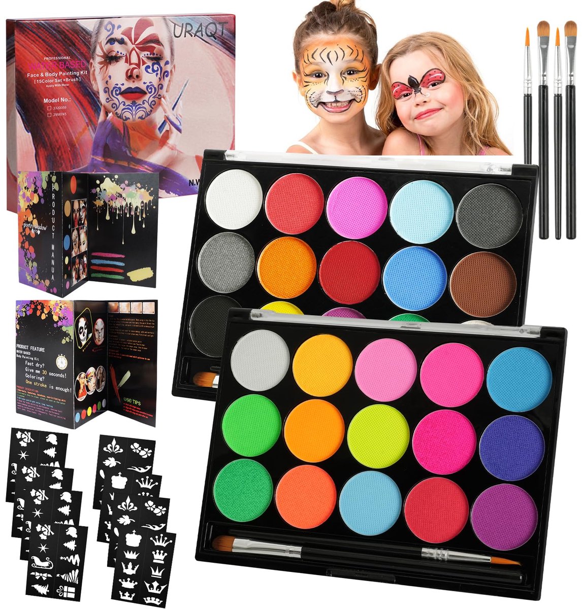 carmdering - Gezichtsschilderij Set - Bodypainting Kit - Halloween Verf - 15 kleuren, wateroplosbaar, hypoallergeen - Veilig voor gevoelige huid - Makkelijk aan te brengen en te verwijderen - Perfect voor feesten, carnaval en kerst - Set van 2