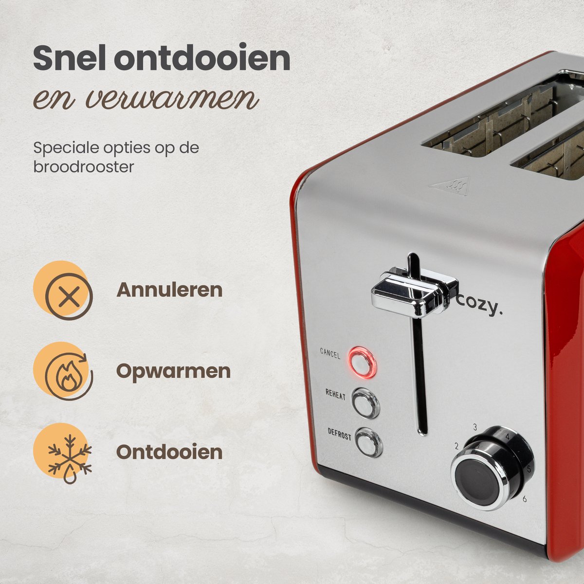 cozy.® Metalen Broodrooster met Tostiklemmen - Tosti Apparaat 850W - Retro Tosti Ijzer & Toaster - Brede Sleuven & 6 Standen - Ontdooi & Verwarm functie - Inclusief E-book - Broodrooster Rood thumbnail 5
