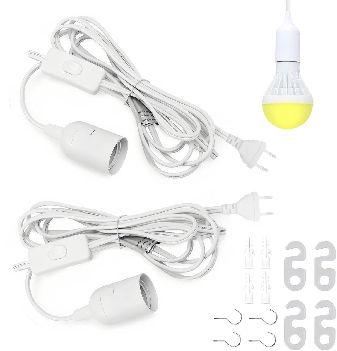 2 Stuks E27 Lampenfitting met Kabel en Schakelaar - 2 Meter Voedingskabel en EU Stekker voor Doe-Het-Zelf Lampen, Hanglampen en Pendelverlichting - Woonkamer, Keuken, Wit, Verlichting, Interieurdecoratie