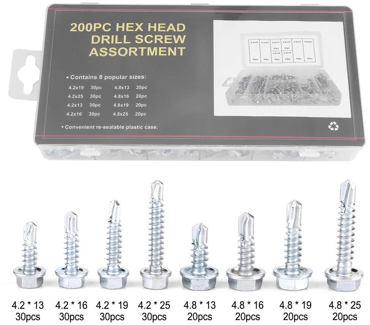 Dailygoody - Duurzame Zelftappende Schroeven - Zelfborende Metalen Schroeven - Assortiment Set - Universeel Gebruik - Boorpunt - 200 Stuks