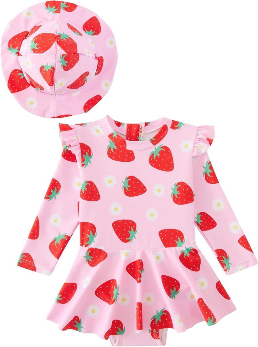 Zomerse Baby Meisjes Badpak met Zonnehoed, Lange Mouwen, UV Bescherming, Geschikt voor 6 Maanden tot 3 Jaar
