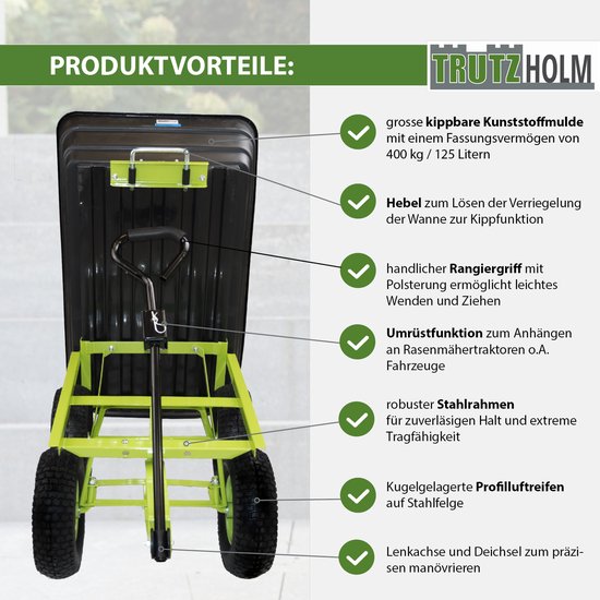 Tuinwagen met kiepfunctie 400kg 125 L met dissel voor zitmaaier Quad of handgreep — afbeelding 5