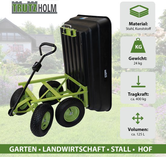 Tuinwagen met kiepfunctie 400kg 125 L met dissel voor zitmaaier Quad of handgreep — afbeelding 2