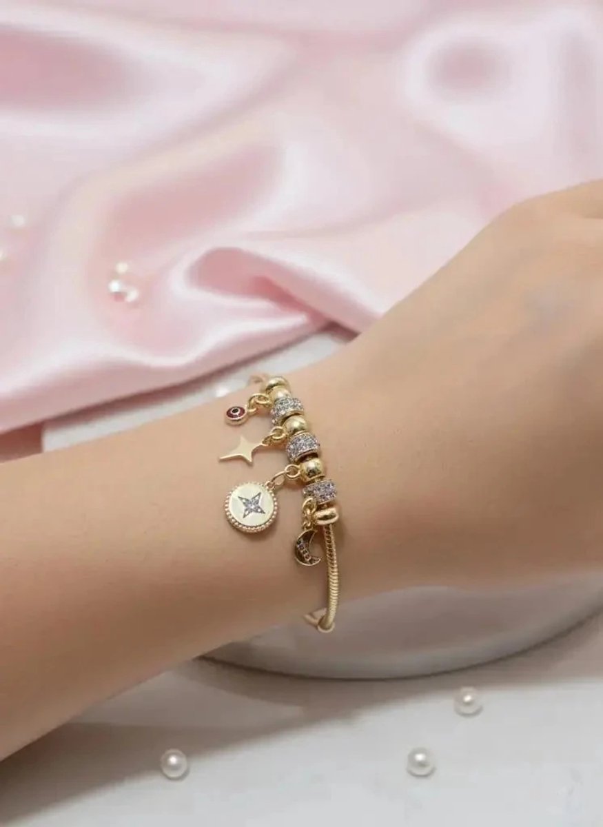 Dorvina 316L Roestvrij Staal Verstelbaar Zirkonia Goudkleurig Maan en Ster met Bedel Armband