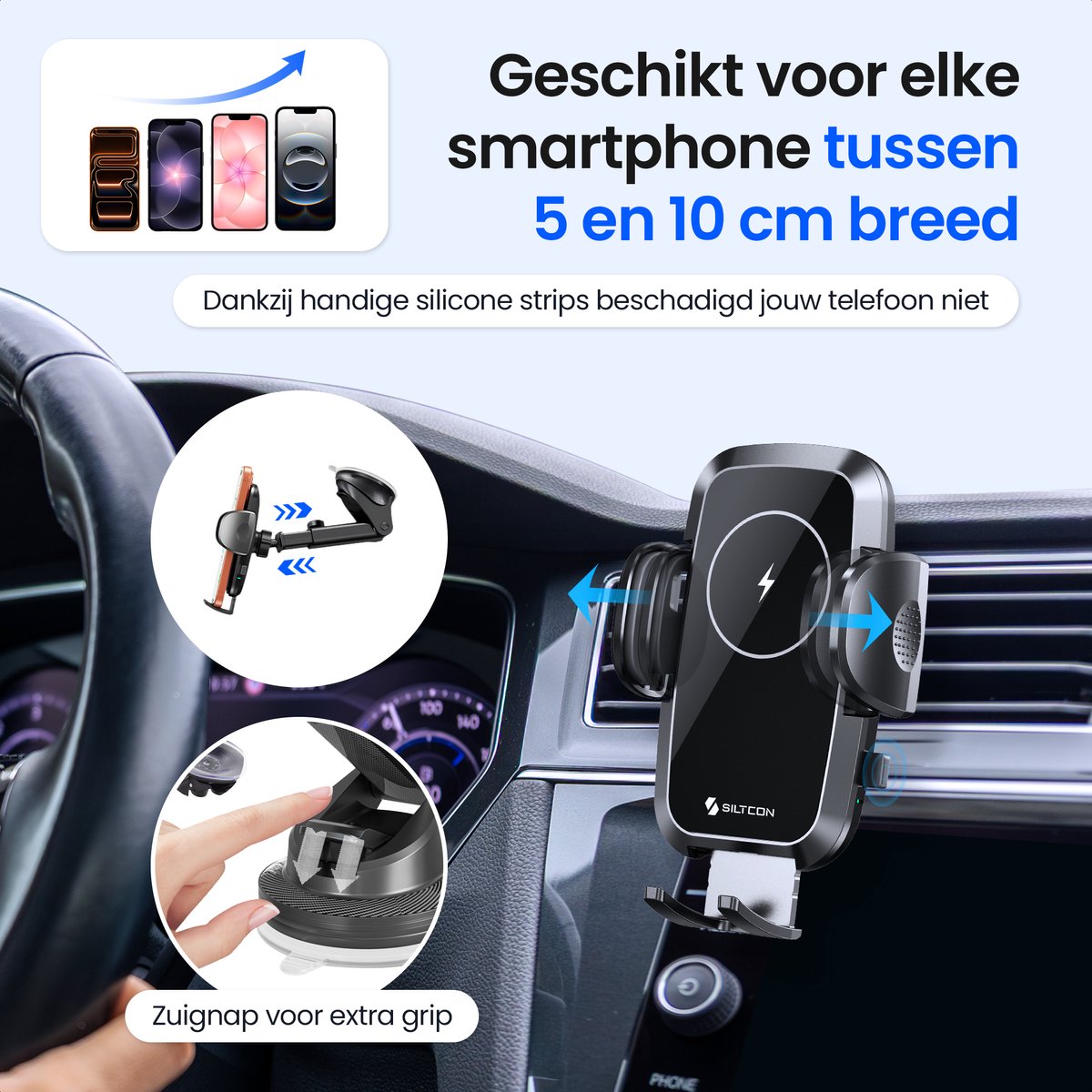 Siltcon® Telefoonhouder Auto 15W QI Draadloze Oplader - Telefoonhouders Auto - Extra Sterkte Zuignap voor Dashboard, Raam & Ventilatie - GSM Houder Auto - Auto Accessories – USB-C 30W – USB-A 22.5W – Snellader - 360° - Universeel alle Telefoons – foto 8