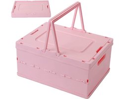 Grote Vouwbare Opbergmand met Handvat en Deksel voor Kasten, Boekenkasten en Badkamer - 30 x 21 x 16.5 cm (Roze)