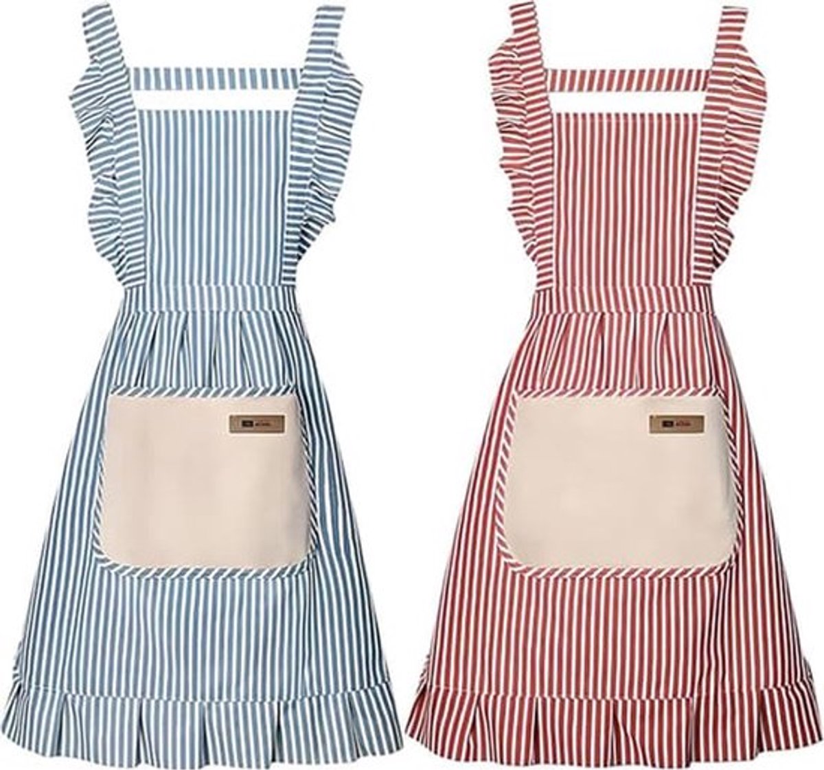 carmdering - Keukenschort - Schort Dames - Kookschort - Set van 2, blauw-wit en rood-wit, strikrand - Zachte ademende stof, voorzak, verstelbare riem - Machinewasbaar op 40°C - Perfect voor koken, bakken en tuinieren