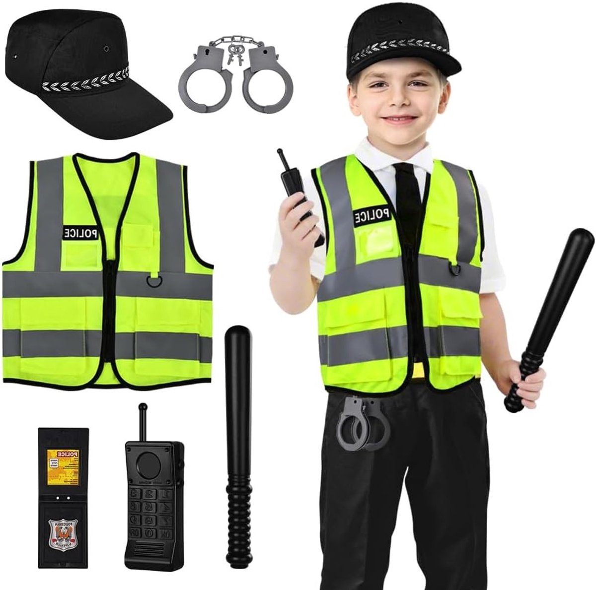 Politie kostuum voor kinderen, inclusief vest en hoed, perfect voor verkleedpartijen en rollenspellen