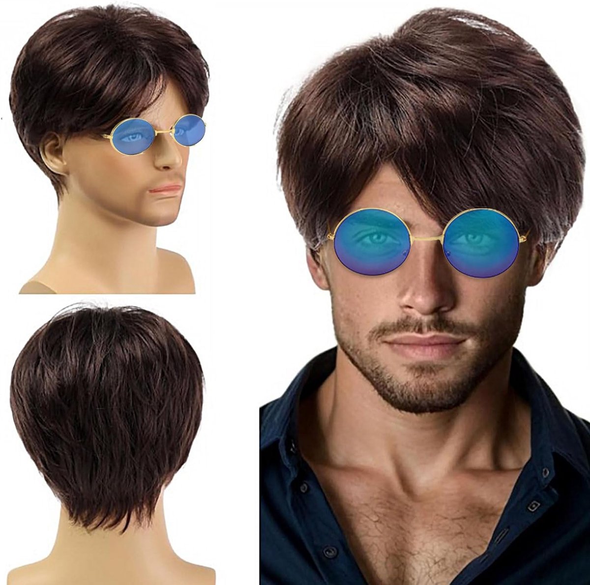 Korte Bruine Gelaagde Synthetische Cosplay Perkapsel voor Mannen - 70's en 80's Disco Stijl, Krullend en Fluffy Kostuumhaar voor Dagelijks Gebruik