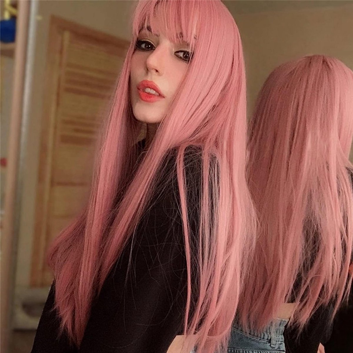 Lang Rechte Roze Cosplay Perucque met Pony voor Dames - Natuurlijke Synthetische Haar voor Carnaval en Halloween Feest, 70 cm