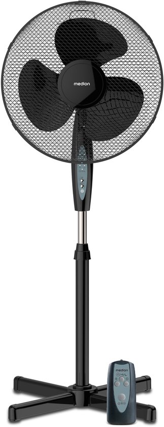 Standventilator 36 cm met afstandsbediening, 3 snelheidsstanden, zwenkfunctie, in hoogte verstelbaar, 45W zwart