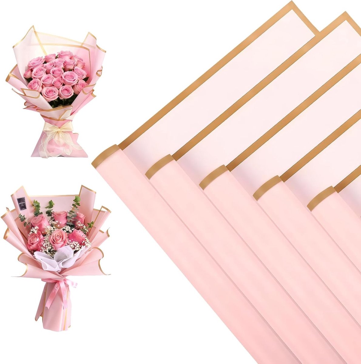 20 Vellen Bloempapier 56x56cm met Gouden Rand, Waterdichte Verpakking voor Bloemen, Perfect voor Cadeauverpakking en Bloemstukken