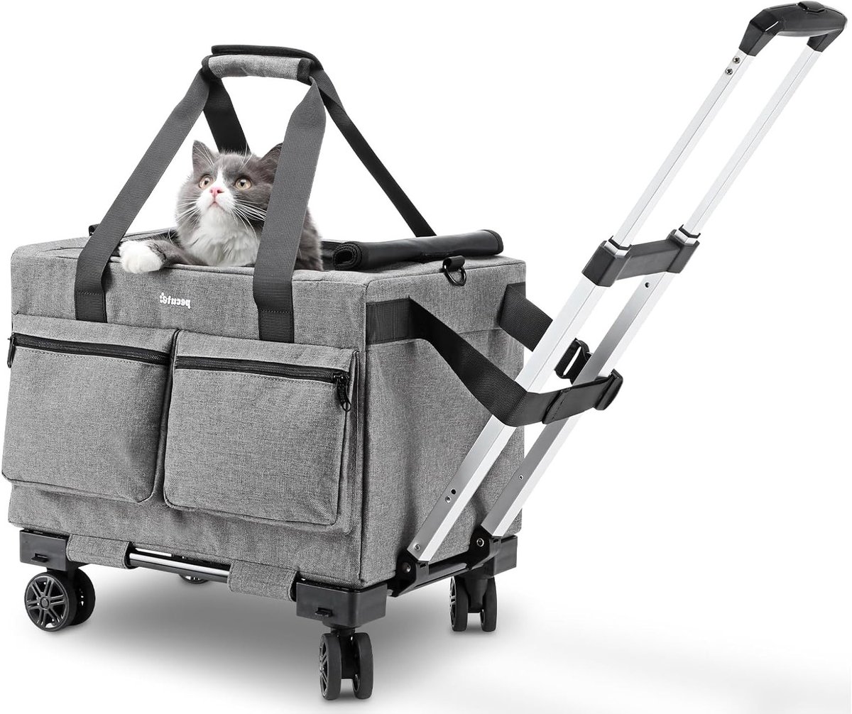 Draagbare katten vervoersoplossing met wielen, stevige stalen frame, ideaal voor reizen met katten in auto, bus of trein, grijs