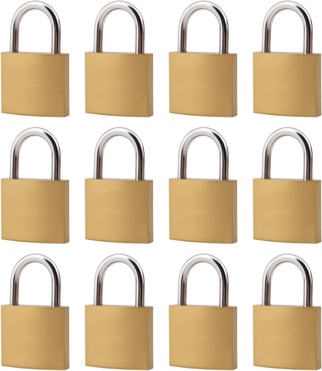 Klein messing hangslot 12 stuks met sleutels, mini-hangsloten voor koffers en gymkluisjes, 32 x 12 x 50 mm