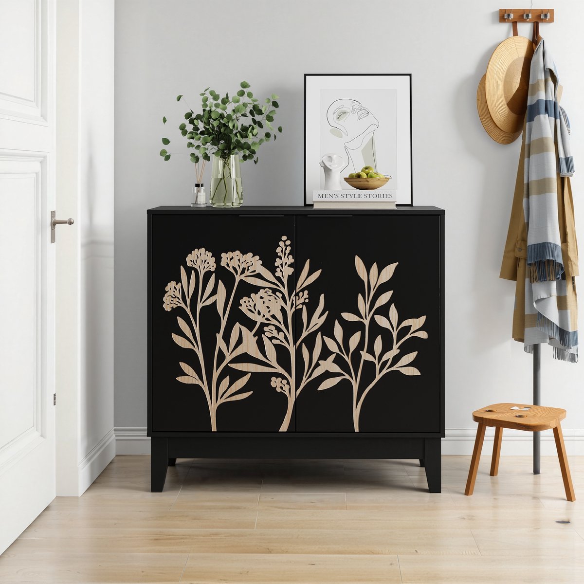 KOMHTOM BLACKCOLORS 80 cm vintage buffetkast met bewerkte meubels, decoratieve dressoirkast met 2 deuren en verstelbare planken, decoratieve houten kast met opbergruimte voor woonkamer, keuken, eetkamer Zwart