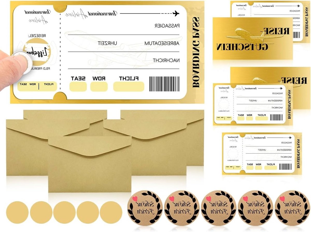 Set van 5 Reisbonnen met Kraskaarten, Zelf in te vullen Instapkaarten, Kraft Envelop en Geluk Stickers voor Reis- en Vakantiegifts