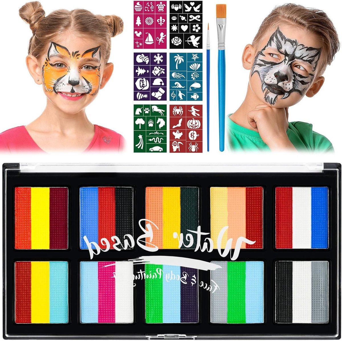 Professionele Body Paint Set met 30 Kleuren, Inclusief Kwasten en Sjablonen voor Kinderen, Ideaal voor Halloween en Carnaval, Veilig en Niet-Toxisch