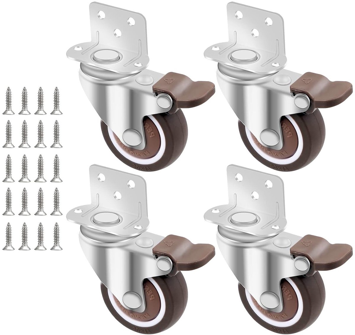 Set van 4 Zwenkwielen 50 mm met Rem, TPE Meubelwielen voor Vervoer, Inclusief 20 Schroeven en L-Bevestigingsplaat, Geschikt voor Diverse Toepassingen