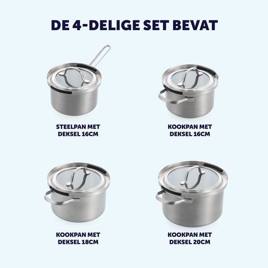 Overzicht van een 4-delige pannenset: steelpan 16cm, kookpan 16cm, kookpan 18cm, kookpan 20cm.