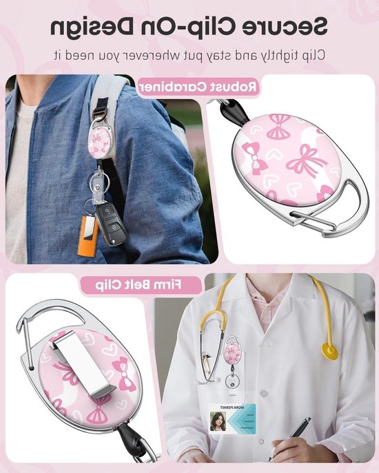 Roze Strik Retractable Badge Reel voor Badgehouder - Stevige Sleutelhanger met Clip en Verlengsnoer van Merkloos — afbeelding 3