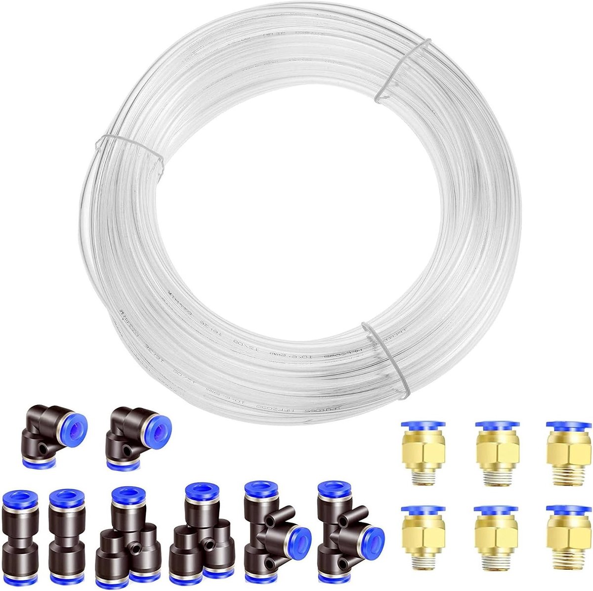 Pneumatische PU Slang 10m, Flexibele Compressed Air Slang met 8 Pneumatische Connectoren, Transparant en Duurzaam voor Diverse Toepassingen