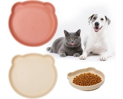 Set van 2 platte kattenkommen met zuignap - Antislip voerbak voor kleine katten - Ideaal voor droog en nat kattenvoer in crème wit en roze