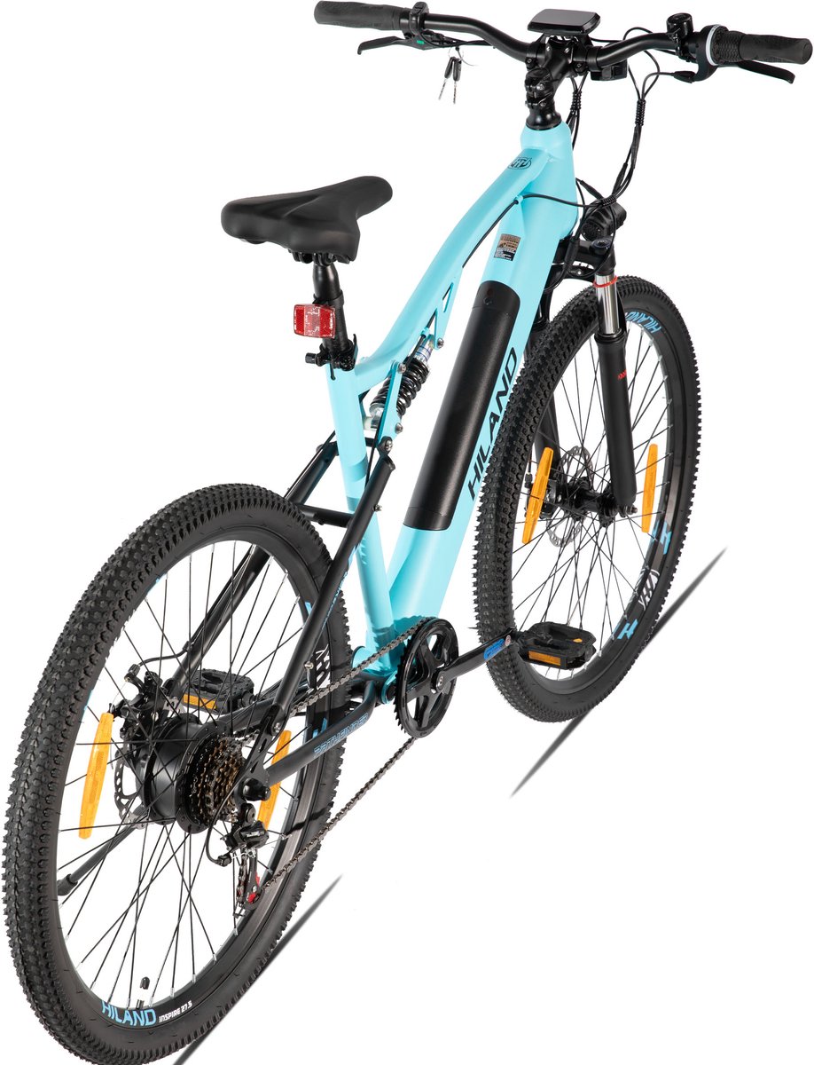 Hiland Spokane Elektrische Mountainbike - 27.5 Inch - Full Suspension - 250W Motor - Shimano 7 Versnellingen - Mechanische Schijfremmen - Blauw thumbnail 6