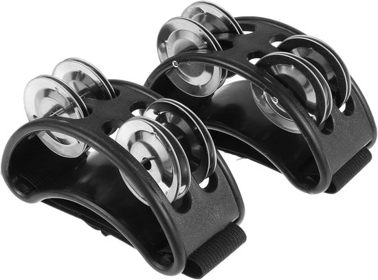 Foto: Crescentvormige voet tambourine set van 2 muzikaal instrument voor percussie ideaal voor drummen en gitaarspelen op feesten